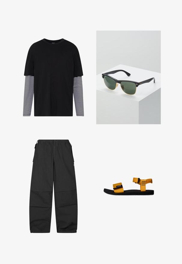 Schwarzes T-Shirt mit kurzen Ärmeln, einfarbiger Vorderseite und langen gestreiften Ärmeln in Schwarz und Weiß. Einfaches Rundhalsdesign, lässige Passform.; Schwarze Baumwollhosen mit einem elastischen Bund, zwei seitlichen Taschen und einer lockeren Passform. Sie verfügen über Nähte und ein minimalistisches Design.; Gelbe Stoffsandale mit zwei verstellbaren Riemen, schwarzer Gummisohle, strukturiertem Fußbett und weißem Außensohlen-Detail. Seitenansicht.; Ray-Ban Sonnenbrillen mit grünen Gläsern, schwarzen Kunststoffrahmen und goldenen Akzenten an den Rändern. Quadratische Form mit matter Oberfläche.