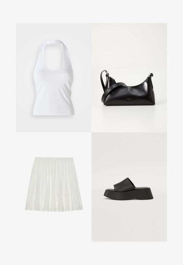 Weißes Halftertop mit einem runden Ausschnitt, aus glattem, elastischem Stoff gefertigt. Verfügt über ein minimalistisches Design ohne Verzierungen oder Muster.; Weißer, gestuftes Kleid mit strukturierter Oberfläche. Verfügt über einen elastischen Taillenbund und geschichtete Rüschen, die eine fließende Silhouette erzeugen.; Schwarze Plateausandalen mit einem breiten Riemen und einer klobigen Sohle. Aus glattem Material mit mattem Finish und ohne sichtbare Hardware gefertigt.; Schwarze lederne Handtasche mit glatter Textur. Verfügt über einen verstellbaren Riemen und ein elegantes, minimalistisches Design mit einem Reißverschluss.