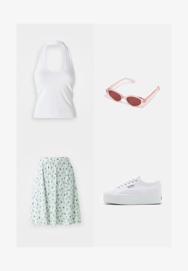 Top halter blanco con escote redondeado, hecho de una tela suave y elástica. Presenta un diseño minimalista sin adornos ni patrones.; Falda floral con cintura elástica, hecha de tela ligera. Presenta una base verde menta con pequeños patrones florales azules y blancos en toda la prenda.; Zapatilla de lona blanca con una gruesa suela de plataforma blanca, punta redonda y ojales de metal para los cordones. Logotipo de la marca mostrado en el lateral.; Gafas de sol transparentes rosas con lentes ovalados, tinte rojo oscuro y varillas delgadas, con un acabado suave y detalles sutiles en la montura.