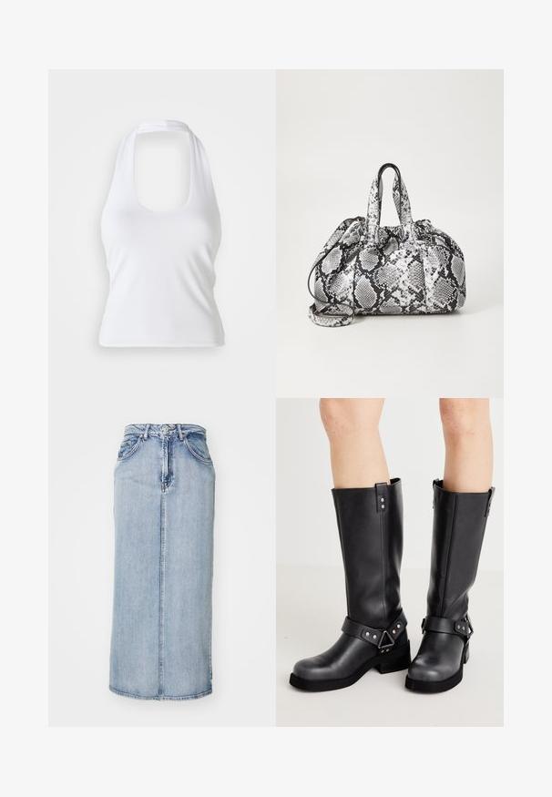 Weißes Halftertop mit einem runden Ausschnitt, aus glattem, elastischem Stoff gefertigt. Verfügt über ein minimalistisches Design ohne Verzierungen oder Muster.; Hellblauem Denim-Midirock mit tailliertem Bund, vorderer Naht und Seitentaschen; weist eine leicht ausgewaschene Textur auf.; Schwarze Lederstiefel bis zum Knie mit weiter Schaftweite, Riemenverzierungen, silbernen Beschlägen und flacher Sohle. Glatte Textur mit leichtem Glanz.; Schwarz-weiße Handtasche im Schlangenhautmuster mit zwei Griffen, einem Kordelzugverschluss und einem abnehmbaren Schultergurt. Glatte Textur.