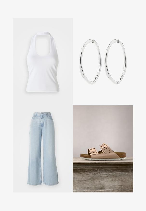 Weißes Halftertop mit einem runden Ausschnitt, aus glattem, elastischem Stoff gefertigt. Verfügt über ein minimalistisches Design ohne Verzierungen oder Muster.; Hellblaue, weit geschnittene Jeans aus Denim. Merkmale sind eine hohe Taille, ein Verschluss mit vorderem Knopf und zwei seitlichen Taschen. Abgerissene Textur entlang der Kanten.; Roségoldene Rutsch-Sandalen mit zwei verstellbaren Metall-Schnallen, Kork-Fußbett und weißer Gummisohle. Glatte metallische Oberfläche, offene Zehenspitze.; Paar polierte silberne verdrehte ovale Creolen mit Klappverschlüssen, vor weißem Hintergrund gezeigt.