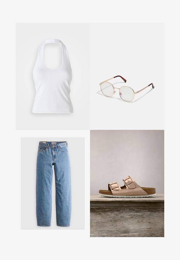 Biely halter top s výstrihom do véčka, vyrobený z hladkej, elastickej látky. Disponuje minimalistickým dizajnom bez ozdôb alebo vzorov.; Svetlomodré džíny z denimu s rovnými nohavicami, piatimi vreckami, zipsovým zapínaním a jemne vyblednutou textúrou. Klasický štýl s minimálnym kovovým doplnkom.; Ružovo-zlaté šľapky s dvoma nastaviteľnými kovovými prackami, korkovým stielka a bielou gumovou podrážkou. Hladký kovový povrch, otvorený dizajn na prstoch.; Zlaté oválne okuliare s kovovým rámom a priehľadnými šošovkami. Korytnačie akcenty na spánkoch. Nastaviteľné nosné podložky pre pohodlie.