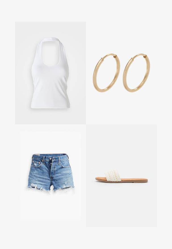 Top halter blanco con escote redondeado, hecho de una tela suave y elástica. Presenta un diseño minimalista sin adornos ni patrones.; Pantalones cortos de mezclilla de color azul claro con dobladillos deshilachados, talle alto, cierre de botones y dos bolsillos frontales; los detalles desgastados añaden textura.; Sandalia deslizante blanca tejida con textura trenzada y cuentas decorativas, que cuenta con una plantilla suave en tono marrón y suela plana de goma.; Pendientes de aro de oro con un acabado suave y pulido. Forma redondeada, tamaño mediano, con un mecanismo de cierre seguro.