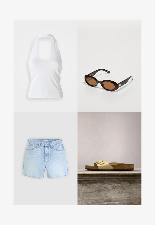 Hvid halterneck top med scoop-udskæring, lavet af glat, strækbart stof. Har et minimalistisk design uden dekorative elementer eller mønstre.; Lysblå denimshorts med fem-pockets design, knaplukning og let fransede kanter. Stoffet har et blødt, textureret udseende.; Gyldne syntetiske slidesandaler med en enkelt rem og spændeaccent, der har en brun korksål og en tekstureret gummisål.; Brune skildpadde-solbriller med ovale linser, der har en tynd stel og en lille metalaccent på siden. Struktureret og poleret overflade.