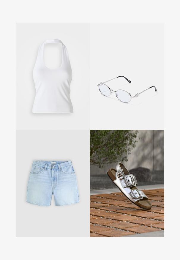 Hvid halterneck top med scoop-udskæring, lavet af glat, strækbart stof. Har et minimalistisk design uden dekorative elementer eller mønstre.; Lysblå denimshorts med fem-pockets design, knaplukning og let fransede kanter. Stoffet har et blødt, textureret udseende.; Sølvmetallic åben tå sandal med to justerbare stropper med spænder, hvilende på udendørs gulv af træ og småsten.; Sølvmetal ovale briller med klare linser, prydet med dekorative sideaccenter og sorte spidser på stængerne for bedre greb og komfort.