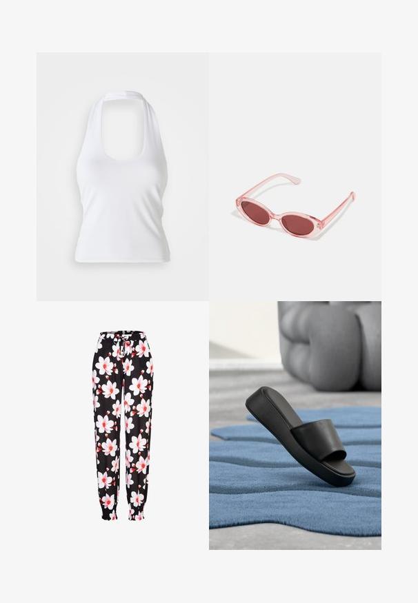 Haut halter blanc avec un décolleté en forme de cœur, fabriqué en tissu lisse et extensible. Présente un design minimaliste sans embellissements ni motifs.; Pantalons en tissu noir avec un motif floral blanc et rouge, taille élastique avec cordon de serrage, et poignets froncés. Matière légère.; Sandale slide noire reposant sur un tapis bleu texturé avec un grand mobilier gris rembourré en arrière-plan.; Lunettes de soleil transparentes roses avec des verres ovales, teintés d'un rouge foncé, et des branches fines, présentant une finition lisse et des détails subtils sur la monture.