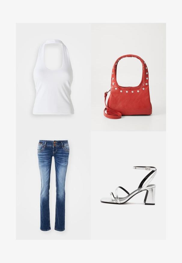 Biely halter top s výstrihom do véčka, vyrobený z hladkej, elastickej látky. Disponuje minimalistickým dizajnom bez ozdôb alebo vzorov.; Džínsy s gradientom od svetlo modrej po tmavo modrú, s klasickým designom piatich vreciek, kovovými gombíkmi a strihom s rovným nohavím.; Strieborná otvorená sandála s tromi tenkými remienkami, prackou na členku a hrubým blokovým podpätkom na bielom pozadí.; Červená kožená kabelka so striebornými študmi okolo horného okraja a rúčok, vnútorné s odnímateľným popruhom na plece na jednofarebnom pozadí.