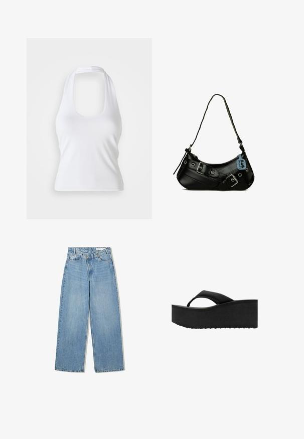 Weißes Halftertop mit einem runden Ausschnitt, aus glattem, elastischem Stoff gefertigt. Verfügt über ein minimalistisches Design ohne Verzierungen oder Muster.; Hellblaue weite Jeans aus Denim, mit hoher Taille, fünf Taschen, Knopfverschluss und dezentem Verblassen für Textur.; Schwarzer Plateau-Zehentrenner mit dicker, gepolsterter Sohle und breitem Zehenriemen, von der Seite auf weißem Hintergrund gezeigt.; Schwarze synthetische Handtasche mit geschwungener Form, verstellbarem Riemen und dekorativen Metall-Schnallen. Besitzt eine glatte, glänzende Textur.