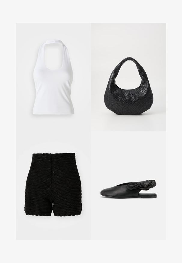 Weißes Halftertop mit einem runden Ausschnitt, aus glattem, elastischem Stoff gefertigt. Verfügt über ein minimalistisches Design ohne Verzierungen oder Muster.; Schwarze Häkelshorts mit geripptem Muster, hohem Bund und gewelltem Saum. Entworfen für eine figurbetonte Passform und aus atmungsaktivem Material.; Schwarzer flacher Damenslingback-Schuh mit spitzer Spitze und gerafftem elastischem Riemen an der Ferse vor weißem Hintergrund.; Schwarze gewebte Handtasche mit einem gebogenen Griff, die eine strukturierte Oberfläche und eine lässige Form hat. Glatte Oberfläche mit einer organischen Silhouette.