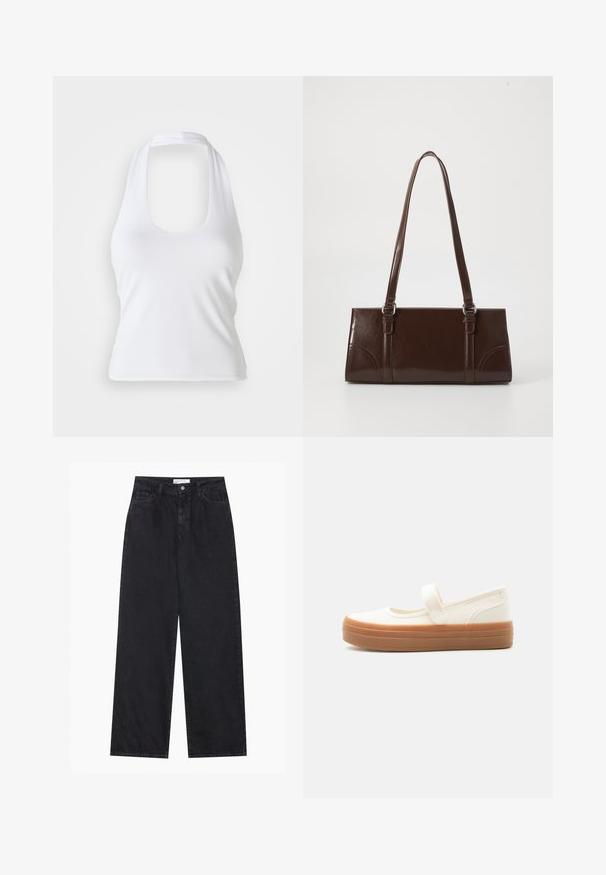 Weißes Halftertop mit einem runden Ausschnitt, aus glattem, elastischem Stoff gefertigt. Verfügt über ein minimalistisches Design ohne Verzierungen oder Muster.; Schwarze hoch geschnittene, weit geschnittene Jeans aus Denim mit Vorderknopf- und Reißverschluss, Gürtelschlaufen und fünf Taschen.; Weißer Canvas Mary Jane Schuh mit dicker brauner Gummisohle und einem einzelnen Riemen über dem Spann.; Braune Lackleder-Handtasche in rechteckiger Form, mit zwei langen Griffen und subtilen, geschwungenen Akzenten auf der Vorderseite.