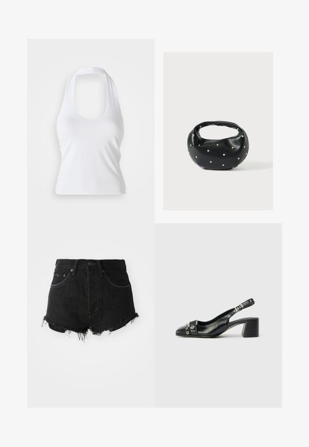 Hvid halterneck top med scoop-udskæring, lavet af glat, strækbart stof. Har et minimalistisk design uden dekorative elementer eller mønstre.; Sorte denim shorts med en frynset kant, klassisk fem-lomme design og metalknap lukning. Mor med høj talje og slidt tekstur.; Sorte læder slingback hæl med spids tå, tekstureret rem med cirkulære metalliske accenter, og en stablet blokhæl.; Sort læderhåndtaske med en rundet form, dekoreret med sølvnitter, og et kort håndtag. Glat tekstur og lynlåslukning.