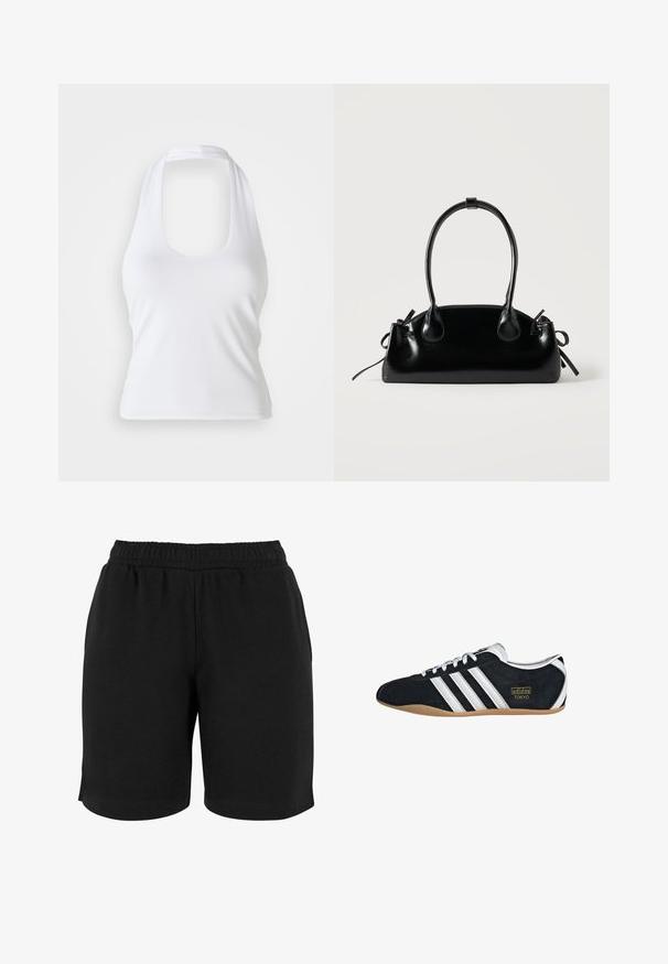 Top halter blanco con escote redondeado, hecho de una tela suave y elástica. Presenta un diseño minimalista sin adornos ni patrones.; Pantalones cortos de algodón negros con una cinturilla elástica, que presentan una textura suave y un corte sencillo. No hay bolsillos ni adornos visibles.; Zapatillas de ante negro con tres franjas blancas, logotipo dorado y suela de goma marrón. Presentan un diseño de cordones de perfil bajo.; Pequeño bolso negro brillante con dos asas largas y detalles de cordón lateral sobre un fondo claro liso.