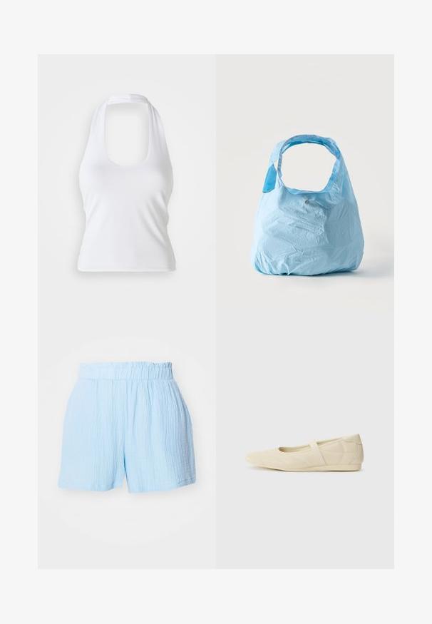 Biely halter top s výstrihom do véčka, vyrobený z hladkej, elastickej látky. Disponuje minimalistickým dizajnom bez ozdôb alebo vzorov.; Svetlomodré šortky z textúrovanej látky s elastickým riaseným pásom a voľným strihom.; Béžové baletky s hladkým koženým povrchom, mandľovým tvarom špičky a elastickým pásikom cez priehlavok, so subtílnymi švovými detailmi.; Svetlomodrá opakovane použiteľná nákupná taška so širokými rukoväťami, mierne pokrčená tkanina, stojaca vzpriamene na jednoduchom bielom pozadí.