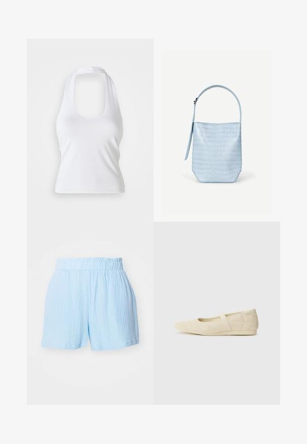 Top halter blanco con escote redondeado, hecho de una tela suave y elástica. Presenta un diseño minimalista sin adornos ni patrones.; Pantalones cortos de tela texturizada azul claro con cintura elástica fruncida y un corte holgado.; Bailarinas beige con un exterior de cuero liso, punta en forma de almendra y una correa elástica en el empeine, con detalles de costura sutiles.; Bolso de mano azul claro con textura de cocodrilo, forma rectangular, asa superior única y una correa colgante lateral sobre un fondo blanco liso.