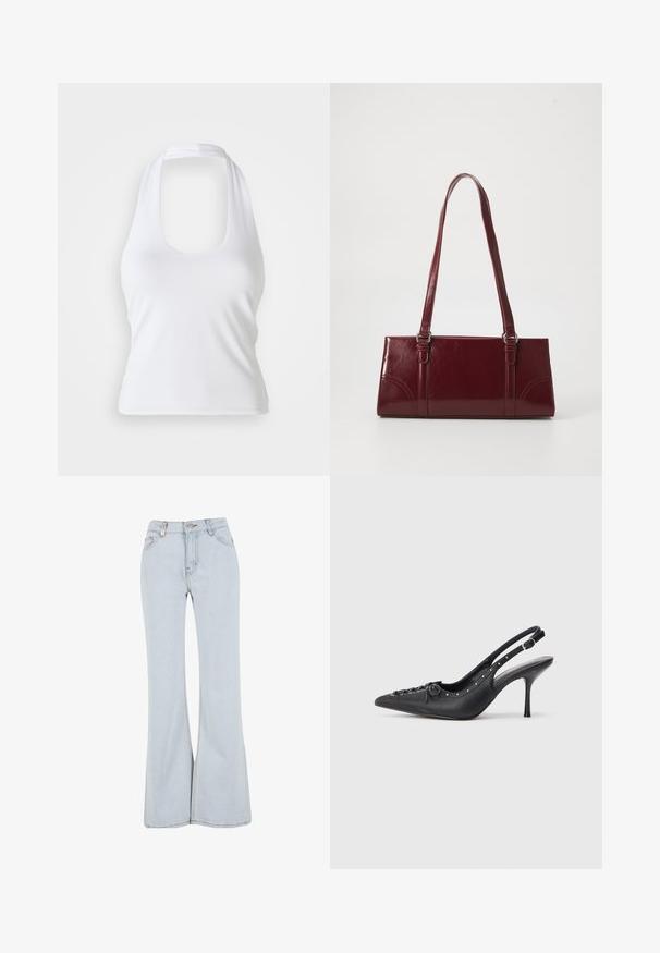 Hvid halterneck top med scoop-udskæring, lavet af glat, strækbart stof. Har et minimalistisk design uden dekorative elementer eller mønstre.; Lyseblå udsvingende jeans lavet af denim med høj talje, fem lommer og kontrasterende syninger langs sømmene.; Sorte læder slingback stiletto med spids tå, side spændebånd, nitter langs kanten og dekorativ snøring foran.; Bordeaux håndtaske lavet af glansfuldt materiale, rektangulær form, med to skulderremme og subtile buede detaljer på forsiden.