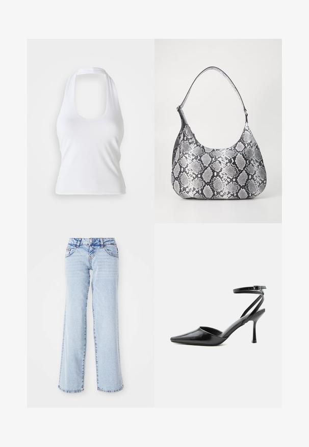 Hvid halterneck top med scoop-udskæring, lavet af glat, strækbart stof. Har et minimalistisk design uden dekorative elementer eller mønstre.; Lyseblå denimjeans med en afslappet pasform, lige ben og subtilt slid. Har fem lommer og bæltestropper. Distressed kantdetalje.; Sort spids højhælet sko med tynde ankelremme og sølvspænde på en ensfarvet lys baggrund.; Sort-hvid slangemønster skuldertaske med en rund form, glat tekstur og en buet rem. Har et sølvfarvet hardware-accents.
