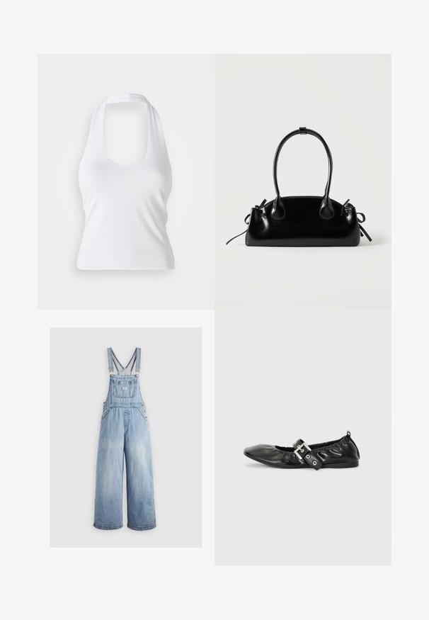 Hvid halterneck top med scoop-udskæring, lavet af glat, strækbart stof. Har et minimalistisk design uden dekorative elementer eller mønstre.; Lyseblå denim overalls med brede ben, justerbare skulderstropper, frontlomme og metalbuttons på siderne. Klassisk stil med en afslappet pasform.; Sorte læder flade sko med spids tå, samling detaljer omkring åbningen, og en sølv spænde accent på den justerbare rem.; Lille sort blank håndtaske med to lange håndtag og snøre-detaljer i siden på en ensfarvet lys baggrund.