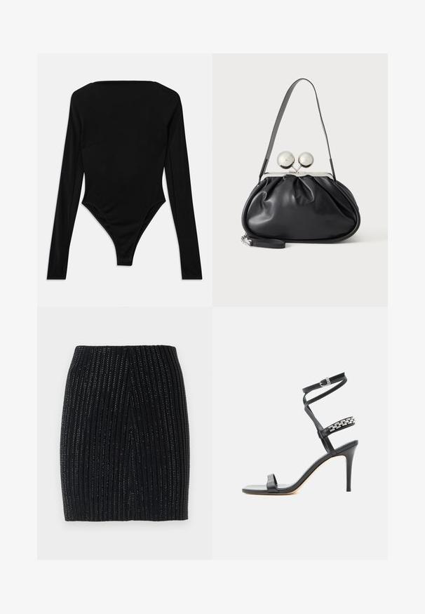 Čierny bodysuit s dlhým rukávom vyrobený z elastického materiálu, s štvorcovým výstrihom a vysokým strihom nohavičiek bez viditeľného hardvéru alebo vzorov.; Čierna pletená mini sukňa s vertikálnym ryhovaním a jemnými kovovými vláknami. Má priliehavý strih a stredný zadný rozparok pre pohodlný pohyb.; Čierna sandála na vysokom opätku s úzkym remienkom okolo členka, remienkom v strede chodidla ozdobeným striebornými reťazovými článkami a otvorenou špičkou.; Čierna kožená kabelka so zhlukovým dizajnom, jedným popruhom, strieborným kovovým rámom a dvoma veľkými okrúhlymi striebornými zapínaniami.