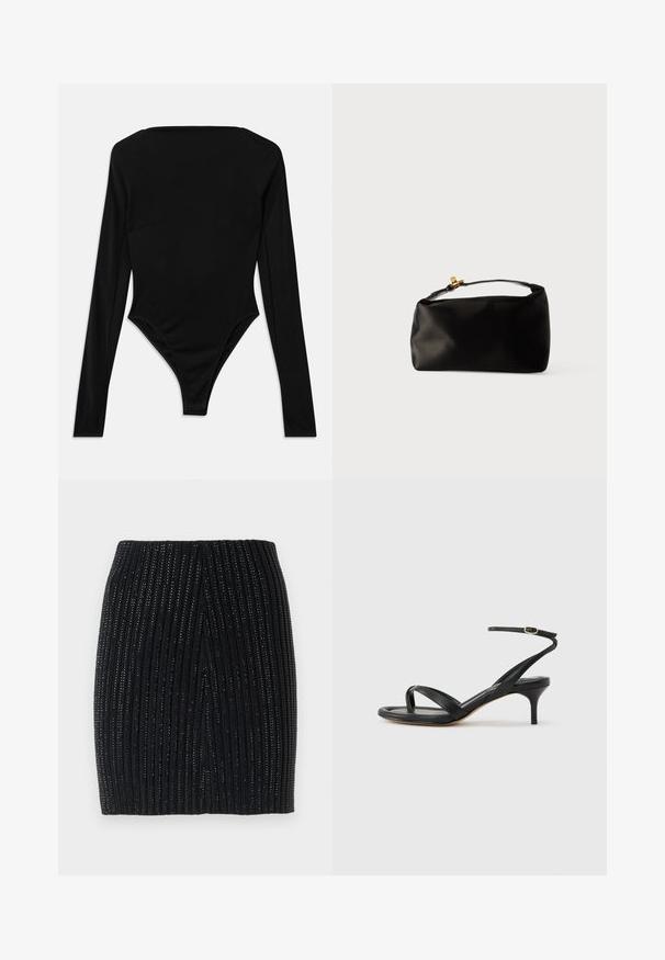 Čierny bodysuit s dlhým rukávom vyrobený z elastického materiálu, s štvorcovým výstrihom a vysokým strihom nohavičiek bez viditeľného hardvéru alebo vzorov.; Čierna pletená mini sukňa s vertikálnym ryhovaním a jemnými kovovými vláknami. Má priliehavý strih a stredný zadný rozparok pre pohodlný pohyb.; Čierne kožené sandále pre ženy s tenkými remienkami, očkom na palec, prackou na členku a stredne vysokým ihličkovým podpätkom na neutrálom pozadí.; Čierna saténová taška v tvare guľatého pohlavia, s hornou rúčkou a zlatým zapínaním. Hladký povrch s minimalistickým dizajnom.