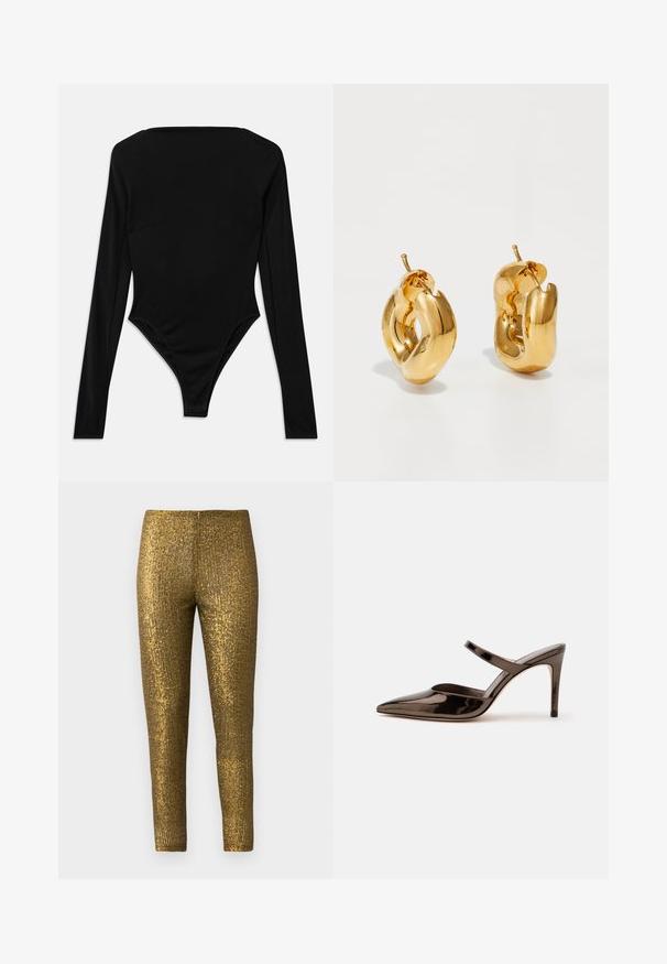Bodysuit noir à manches longues en tissu extensible, avec un décolleté carré et une finition de jambe haute sans quincaillerie visible ni motifs.; Leggings métalliques dorés présentant un motif de rayures verticales texturé. Le tissu a une finition brillante et une silhouette slim et ajustée.; Mule à talon haut marron foncé brillant à bout pointu avec une fine bride sur le coup de pied sur fond blanc uni.; Boucles d'oreilles créoles en or massif avec un design tubulaire légèrement tordu et des fermoirs à tige sur un fond blanc.