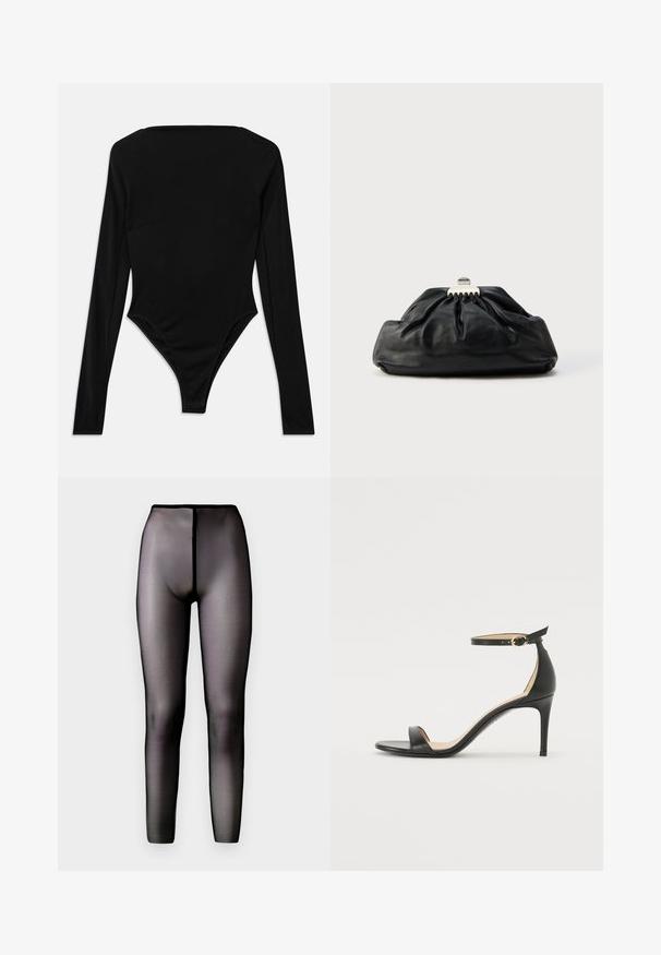 Bodysuit noir à manches longues en tissu extensible, avec un décolleté carré et une finition de jambe haute sans quincaillerie visible ni motifs.; Leggings noirs transparents avec une taille haute et une texture lisse. Présente un design sans couture et une silhouette ajustée.; Sandale à talons hauts en cuir noir avec une lanière de cheville. Présente une texture lisse, un bout ouvert et un talon fin. Détail de boucle en ton doré.; Pochette en cuir noir avec une texture plissée, fermeture à fermoir métallique, et logo embossé discret sur le devant. Forme arrondie.