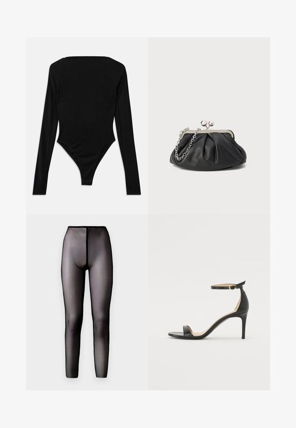 Langærmet sort bodysuit lavet af strækbart stof, med firkantet udskæring og en højskåret benkant uden synligt hardware eller mønstre.; Gennemsigtige sorte leggings med høj talje og en glat tekstur. Har et sømløst design og en tætsiddende silhuet.; Sort læder højhælede sandaler med ankelrem. Har en glat tekstur, åben tå og en tynd hæl. Guldtonet spænde detalje.; Sort læder clutch med samlet tekstur, sølvfarvet metalramme, kys-lås lukning og kædestrop. Glat, blød overflade.