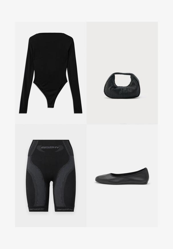 Langærmet sort bodysuit lavet af strækbart stof, med firkantet udskæring og en højskåret benkant uden synligt hardware eller mønstre.; Sorte atletiske shorts med en tætsiddende pasform, struktureret stof, lodrette grå striber og "MISBHV" logo ved kanten.; Sort læderballetsko med rund tå, glat tekstur, minimal syning og et fleksibelt såldesign.; Sort flettet hobo-taske med blød struktur og integreret håndtag, vist på en ensfarvet lys baggrund.