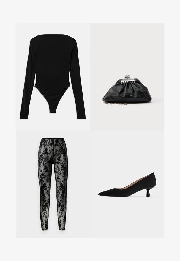 Langärmliger schwarzer Body aus elastischem Material, mit einem quadratischen Ausschnitt und einem hochgeschnittenen Beinausschnitt, ohne sichtbare Beschläge oder Muster.; Schwarze Spitzenleggings mit floralem Muster, transparenter Stoff und enger Passform, mit einem glatten Bund und geschlossenen Säumen.; Schwarzer Damenpumps mit niedrigem Absatz, spitzer Schuhspitze, schlankem, ausgestelltem Kittenabsatz und glatter matter Oberfläche, seitlich gezeigt.; Schwarze Leder-Clutch mit gerafftem Design, silberner Verschluss-Hardware und Kettenriemen. Dezentes Markenlogo auf der Vorderseite geprägt.