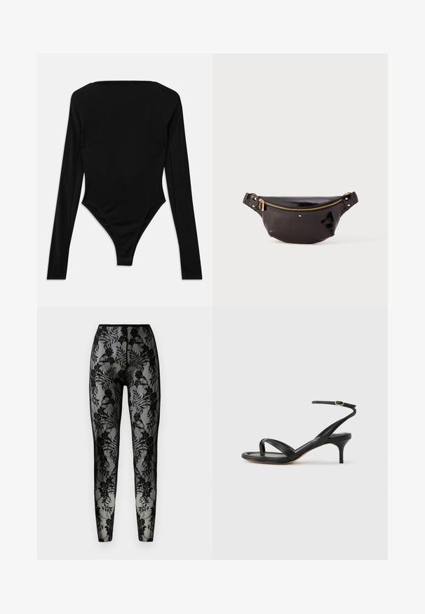 Langærmet sort bodysuit lavet af strækbart stof, med firkantet udskæring og en højskåret benkant uden synligt hardware eller mønstre.; Sorte blonde leggings med blomstermønster, gennemsigtigt stof og en tæt pasform, med en glat talje og lukkede sømme.; Sort damesandal i læder med tynde remme, en tå-loop, ankelspænde og en mellemhøj stiletthæl på en neutral baggrund.; Sort, blank, læder bæltetaske med et buet design, guld lynlås accent, justerbar strop og små dekorative hardware.