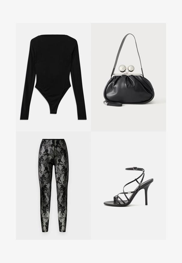 Bodysuit noir à manches longues en tissu extensible, avec un décolleté carré et une finition de jambe haute sans quincaillerie visible ni motifs.; Leggings en dentelle noire avec un motif floral, en tissu transparent, et une coupe ajustée, dotés d'une taille lisse et d'ourlets fermés.; Sandale noire à talons hauts avec des brides fines, une boucle à la cheville, une surface en cuir lisse et un talon aiguille élancé.; Sac à main en cuir noir avec un design plissé, une sangle unique, un cadre métallique argenté et deux grandes fermoirs ronds en argent.