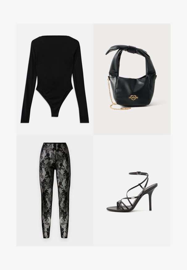 Langærmet sort bodysuit lavet af strækbart stof, med firkantet udskæring og en højskåret benkant uden synligt hardware eller mønstre.; Sorte blonde leggings med blomstermønster, gennemsigtigt stof og en tæt pasform, med en glat talje og lukkede sømme.; Sort højhælet sandal med tynde stropper, en ankelspænde, en glat læderoverflade og en slank stilethæl.; Sort blød læder Love Moschino håndtaske med knyttet håndtag og guldkæde-strop på hvid baggrund.