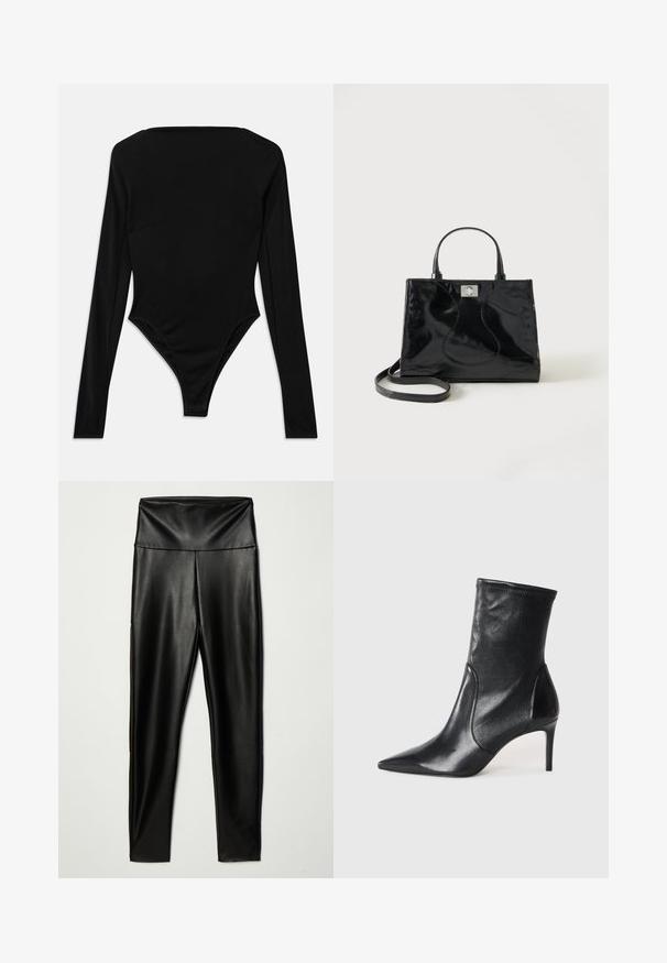 Zwart longsleeve bodysuit gemaakt van rekbaar materiaal, met een vierkante halslijn en een hoge beenuitsnijding zonder zichtbare hardware of patronen.; Zwarte nepleer legging met een hoge tailleband, met een gladde textuur en een aansluitende pasvorm, die tot de enkels reikt.; Zwarte enkelboots van soepel leer, met een spitse neus, een aangesloten schacht en een slanke hoge hak. Minimalistisch ontwerp zonder zichtbare hardware.; Zwarte handtas van lakleer met afgeronde handgrepen, een afneembare schouderriem en zilveren sluiting op een effen witte achtergrond.