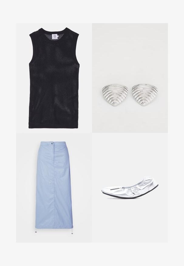 Sort ærmeløs jersey-top fremstillet af mesh-stof, med rund halsudskæring og ribbede kanter, med et let og åndbart design.; Lyseblå, mellemlang nederdel lavet af glat, let materiale med lige snit, har en frontknaplukning og en justerbar kant.; Sølvfarvet blød balletflat med elastisk åbning og sort tynd sål, fotograferet på lys grå baggrund.; Sølvfarvede øreringe med et bølget, tekstureret design, formet som overlappende halvmåner; den polerede overflade fremhæver de reflekterende egenskaber.