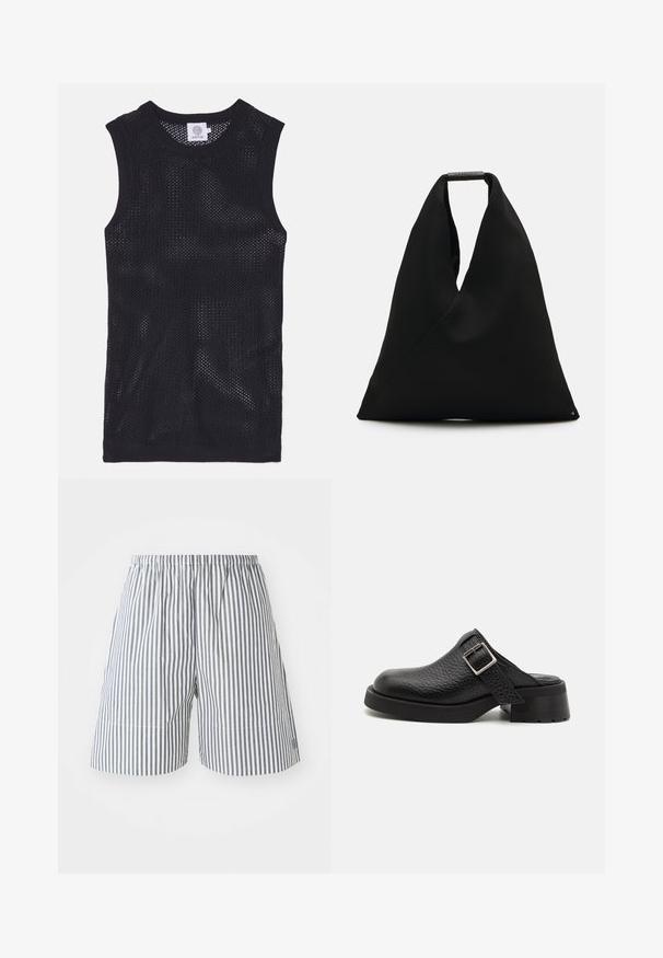 Sort ærmeløs jersey-top fremstillet af mesh-stof, med rund halsudskæring og ribbede kanter, med et let og åndbart design.; Stribede shorts i navy og hvid bomuld, med elastisk talje og afslappet pasform. Midt lår længde med diskrete stingdetaljer.; Sorte lædertræsko med en tekstureret overflade, justerbar spændebånd og en kraftig hæl. Glat, afrundet tådesign med en solid sort sål.; Sort stof tote bag med et unikt V-formet design og en glat overflade. Har et kort håndtag med minimalistisch hardware detaljer.