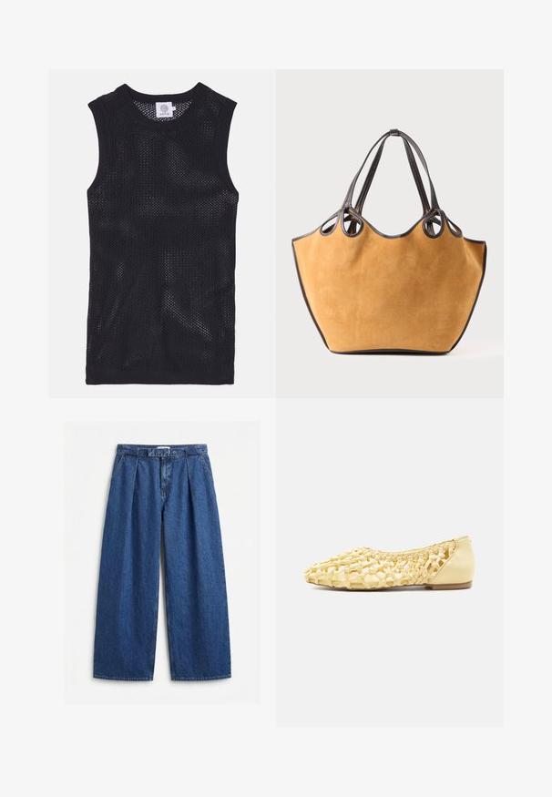 Haut sans manches noir en jersey, fabriqué en tissu en maille, avec un col rond et des bords côtes, offrant un design léger et respirant.; Pantalon en denim bleu taille haute à jambes larges, avec plis à l’avant, passants de ceinture et ceinture en tissu assortie.; Chaussure plate en cuir tressé jaune clair avec talon fermé et design en treillis ouvert, adaptée pour un usage décontracté.; Sac en daim moutarde avec garnitures en cuir noir. Dispose de doubles poignées et d'une forme arrondie. Texture douce, design minimaliste.