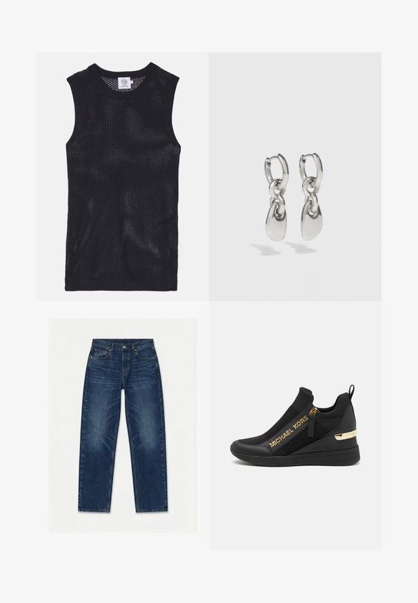 Sort ærmeløs jersey-top fremstillet af mesh-stof, med rund halsudskæring og ribbede kanter, med et let og åndbart design.; Mørkeblå jeans med lige ben, klassisk fem-lomme design og diskret falmning på lår og knæ.; Sorte atletiske sneakers med mesh-paneler, gulllogo-detaljer, slip-on design og en kilehæl for ekstra højde. Gummisål.; Sølvøreringe med forlængede ovale led, der har en poleret overflade og en struktureret dråpevedhæng. Enkel design med glatte kanter.