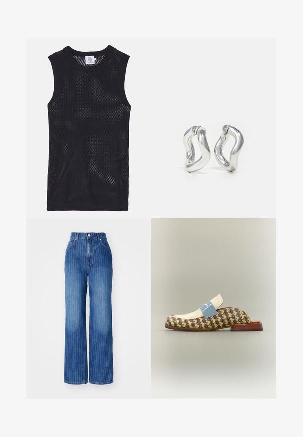 Zwarte mouwloze jersey top gemaakt van meshstof, met een ronde halslijn en ribbeltrims, voorzien van een lichtgewicht en ademend ontwerp.; Blauwe denim wijde broek met verticale witte strepen, hoge taille en vijf-pocket ontwerp, voorzien van een knoop- en ritsluiting.; Slingback-schoen met een glanzende crèmekleurige bovenkant, een patroon van bruin en beige op het lichaam, een blauwe accentband en een lage bruine blokhak.; Zilveren oorbellen met een gedraaid ontwerp. Afgeronde randen en een glanzende afwerking. Open sluitingen voor gemakkelijk dragen. Soepele textuur over het geheel.