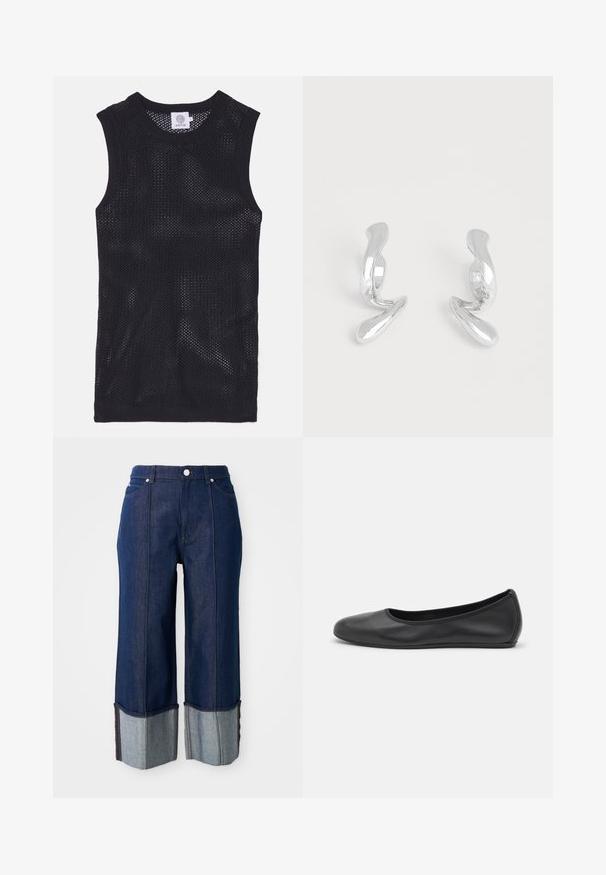 Zwarte mouwloze jersey top gemaakt van meshstof, met een ronde halslijn en ribbeltrims, voorzien van een lichtgewicht en ademend ontwerp.; Donkerblauwe wijde jeans met opgerolde pijpen die lichter denim tonen, met een knoop aan de voorkant en zakken, op een witte achtergrond.; Zwarte leren ballerina met een ronde neus, gladde textuur, minimale stikdetails en een flexibele zoolontwerp.; Een paar glanzende zilveren oorbellen in abstracte metalen vorm op een effen witte achtergrond.