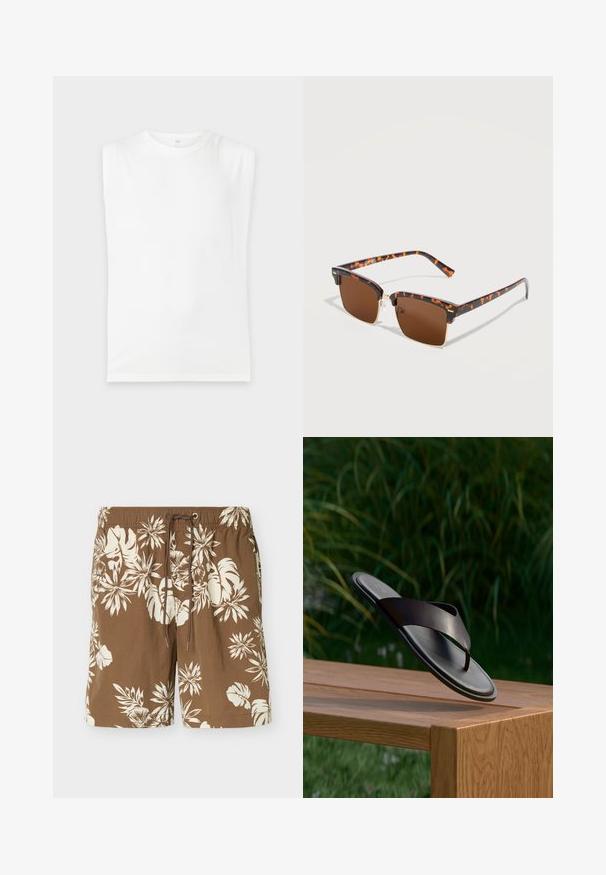 T-shirt blanc uni sans manches avec épaules rembourrées et col rond, présenté sur un fond gris clair.; Short de bain marron avec imprimé floral tropical blanc et taille ajustable avec cordon.; Sandale en cuir noir flottant au-dessus d’un banc en bois avec un feuillage vert en arrière-plan flou.; Lunettes de soleil carrées écaille de tortue avec verres marron et fines accents en métal doré, présentées sur une surface blanche.