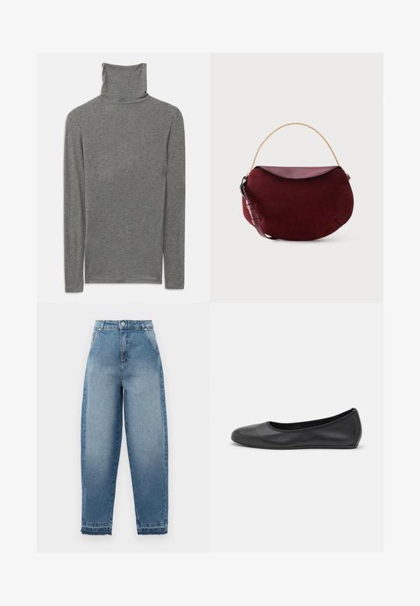 Grijze langemouwen turtleneck shirt gemaakt van een zachte, gestructureerde stof. Heeft een hoge halsontwerp en een aansluitende pasvorm.; Lichtblauwe denim jeans met een hoge taille, losse pasvorm, vijfzakkenontwerp en rafelige zoom. Kenmerkt klassieke stiksels en een ritssluiting.; Zwarte leren ballerina met een ronde neus, gladde textuur, minimale stikdetails en een flexibele zoolontwerp.; Donkerrode suède handtas in halvemaanvorm met een glad leren klep, gouden kettinghandvat en verstelbare leren riem op een witte achtergrond.