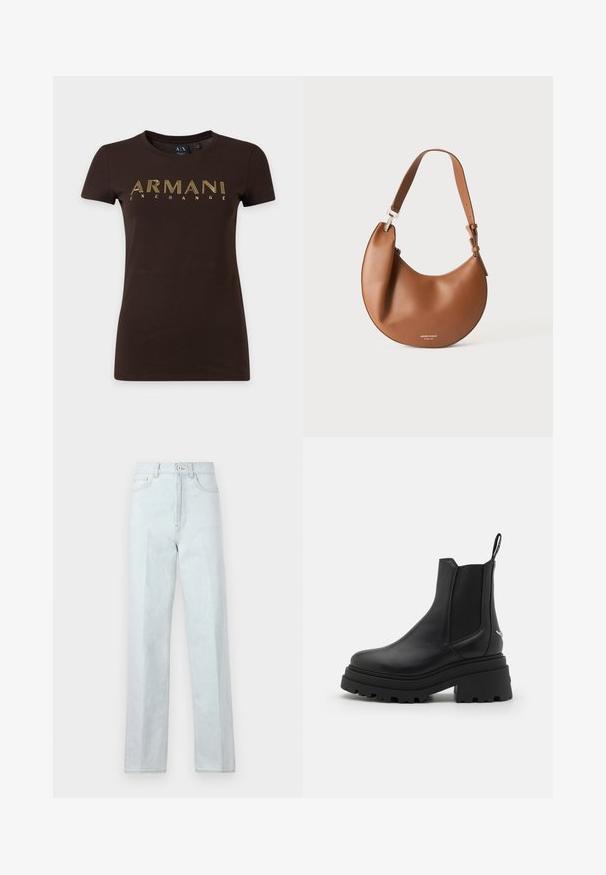 Donkerbruine korte mouwen T-shirt met geel omlijnde tekst "ARMANI EXCHANGE" over de borst en een ronde hals.; Lichtblauwe denim wijdte jeans met een hoge taille, voorzien van een ritssluiting aan de voorkant, knoopsluiting en een klassieke vijfzakkenontwerp.; Zwarte chelsea laarzen van glad leer met elastische zijpanelen, een dikke, geribbelde rubberen zool en een aantrekbandje aan de achterkant.; Bruine leren schoudertas in halvemaanvorm met verstelbare riem en kleine zilveren logotekst onderaan in het midden.