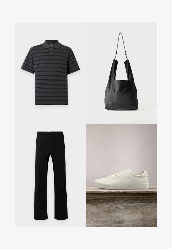Polo à manches courtes gris foncé avec des rayures horizontales noires, deux boutons blancs au col et un col classique.; Pantalons noirs à jambe droite avec poches avant, fermeture par bouton et passants de ceinture, présentés sur un fond blanc.; Sneaker en dentelle blanche flottant au-dessus d'un banc en bois avec un feuillage vert en arrière-plan, mettant en valeur le design et la texture de la chaussure.; Sac fourre-tout en tissu noir doux avec de larges anses et une fine bandoulière tressée noire et blanche.