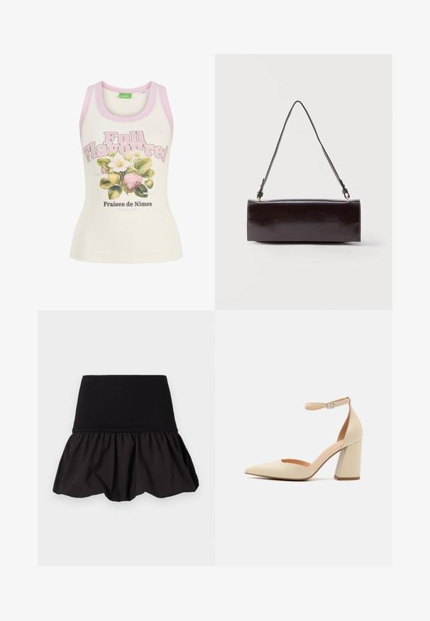 Camiseta sin mangas crema con ribete rosa, texto "Full Flavoured" e ilustración de fresas y flores blancas con texto en francés debajo.; Falda negra acampanada con una cinturilla acanalada y textura fruncida en el dobladillo, hecha de una tela ligera para mayor comodidad y movimiento.; Zapato de tacón alto de charol beige con punta afilada, correa en el tobillo y tacón grueso. Textura suave con detalles de costura mínimos.; Bolso rectangular de cuero negro con una sola correa larga y acabado brillante, exhibido sobre un fondo blanco liso.