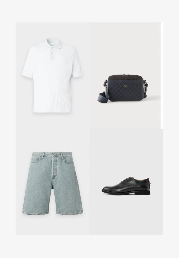 Polohemd in Hellblau aus strukturiertem Stoff. Verfügt über einen kurzen Kragen mit Knopfverschluss, kurze Ärmel und eine lockere Passform.; Hellblaue Jeans-Shorts mit lässiger Passform, fünf Taschen und Knopfverschluss. Abgeriebene Textur mit sichtbaren Nähten.; Schwarzer Herren-Lederschuh mit Schnürung und rotem Zuglasche an der Ferse vor schlichten Hintergrund.; Rechteckige dunkelblaue Umhängetasche mit verstellbarem Riemen, Reißverschluss und subtilem Logomuster auf der Vorderseite.