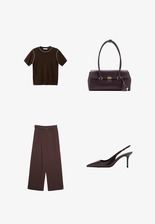 Chemise en tricot à manches courtes de couleur marron foncé avec bordure blanche le long de l'encolure, des coutures d'épaule et des côtés, présentée sur un fond blanc.; Stradivarius SMART WIDE-LEG WITH BUCKLE DETAIL - Pantalon classique - dark brown; Talons slingbacks en cuir verni marron avec un bout pointu, un talon fin et une bride réglable. Texture lisse et finition brillante.; Sac à main en cuir violet foncé avec un design structuré, deux poignées, des accessoires dorés, un rabat plat avec un fermoir et un détail porte-clés.