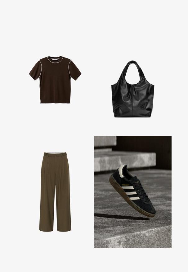 Chemise en tricot à manches courtes de couleur marron foncé avec bordure blanche le long de l'encolure, des coutures d'épaule et des côtés, présentée sur un fond blanc.; Pantalon vert olive à jambes larges avec plis à l'avant, taille boutonnée avec passants de ceinture et sans poches visibles.; Baskets Adidas noires avec des bandes blanches et une semelle en gomme flottant au-dessus d'escaliers en béton gris sous une lumière naturelle.; Sac fourre-tout en cuir noir avec une texture lisse, un haut arrondi doux et de larges poignées. Présente une couture minimale et une silhouette décontractée.