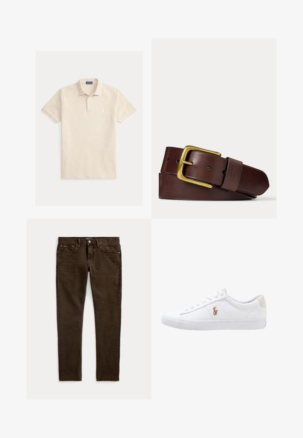 Camiseta tipo polo beige con sutiles rayas horizontales, mangas cortas, cuello acanalado y un pequeño logo bordado en el pecho. Tejido de algodón suave.; Vaqueros ajustados de color marrón oscuro con cinco bolsillos, cierre de botón y cremallera, y etiquetas visibles de la marca Polo en la cintura y el bolsillo delantero.; Zapatilla de lona blanca con diseño de corte bajo, que cuenta con un taco trasero beige y un pequeño logo bordado en el costado. Suela de goma.; Cinturón de cuero marrón enrollado con una hebilla rectangular dorada y una presilla de cuero con un logo grabado de caballo y jinete.
