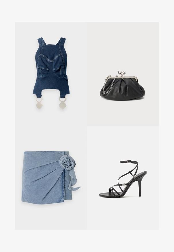 Denim top med brede skulderstropper, to forlommer, en buet halsudskæring og sølvhardware forneden til fastgørelse.; Denimindpakning med en lys blå nuance, intrikate plisseringer og en dekorativ blomst med et svævende bånd. Blød tekstur og afslappet design.; Sort højhælet sandal med tynde stropper, en ankelspænde, en glat læderoverflade og en slank stilethæl.; Sort læder clutch med samlet tekstur, sølvfarvet metalramme, kys-lås lukning og kædestrop. Glat, blød overflade.