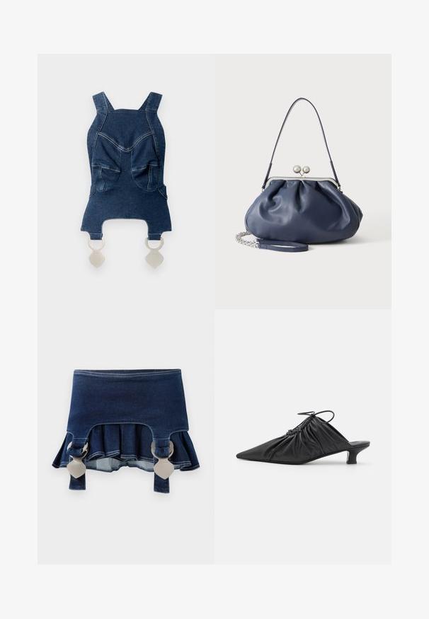 Haut en denim avec de larges bretelles, deux poches avant, un décolleté arrondi et des éléments en métal argenté en bas pour la fermeture.; Jupe en denim à ourlet évasé. Elle présente deux fermetures ajustables grises, une couleur bleu foncé et des détails de couture contrastants le long de l'ourlet.; Mules noirs en cuir à enfiler avec un bout pointu, une texture froncée et un petit talon aiguille. Présente un détail à cordon au niveau de l'ouverture.; Sac à main en cuir bleu marine doux avec fermeture à boucle argentée, une seule bandoulière, et une chaîne de poignet amovible sur fond blanc.