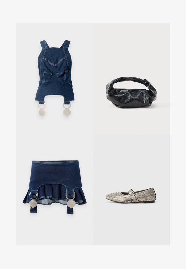 Denim μπλούζα με φαρδιές τιράντες, δύο μπροστινές τσέπες, καμπύλο ντεκολτέ και ασημί αξεσουάρ στο κάτω μέρος για κλείσιμο.; Τζιν φούστα με ανοιχτό τελείωμα. Διαθέτει δύο ρυθμιζόμενες γκρι συνδέσεις, σκούρο μπλε χρώμα και αντίθετες ραφές κατά μήκος της γαζιάς.; Γκρι επίπεδο παπούτσι με στρογγυλή μύτη, διακοσμημένο με μεταλλικά τρουκς, και πλευρική ταινία με λεπτομέρεια ασημένιου κλειδώματος. Λείος υφή.; Μαύρη τσάντα φτιαγμένη από γυαλιστερό, υφασμάτινο υλικό με κυκλική, στροβιλισμένη λαβή και κλείσιμο με φερμουάρ. Διαθέτει ένα μαλακό, ζαρωμένο σχέδιο.